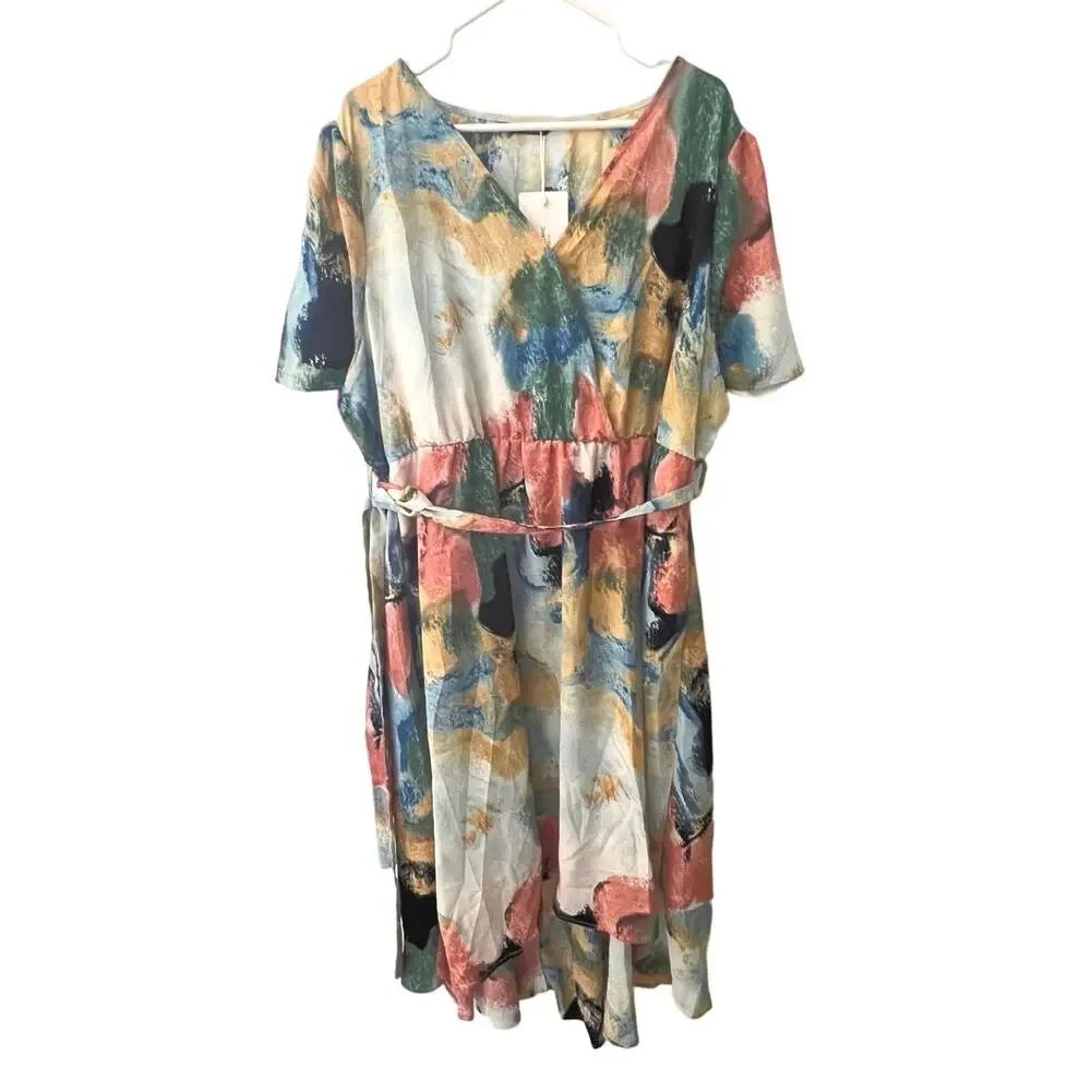 🔥SALE 22 24 3X BloomChic 3X Tie Dye Ruffle Wrap Dress High Low Belted Plus Size_3